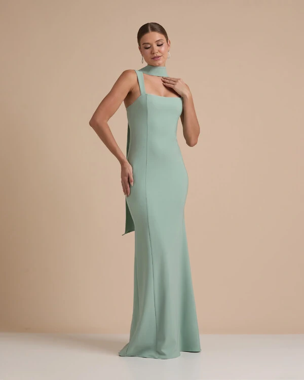 Vestido de Festa Longo Alfaiataria com Lenço e Fenda Verde Menta