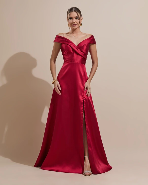 Vestido de Festa Longo Zibeline Ombro a Ombro com Fenda Marsala