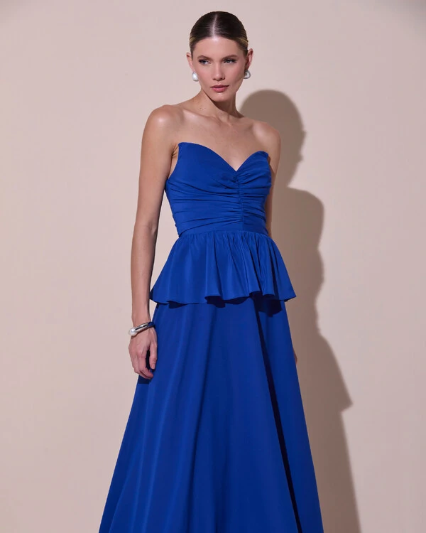 Vestido de Festa Longo Crepe Chiffon Tomara que Caia Peplum Drapeado Azul Royal