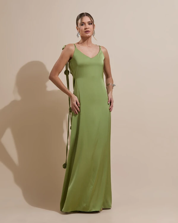 Vestido de Festa Longo Decote Degagê Costas Cetim Flores 3D Alças Verde Pistache