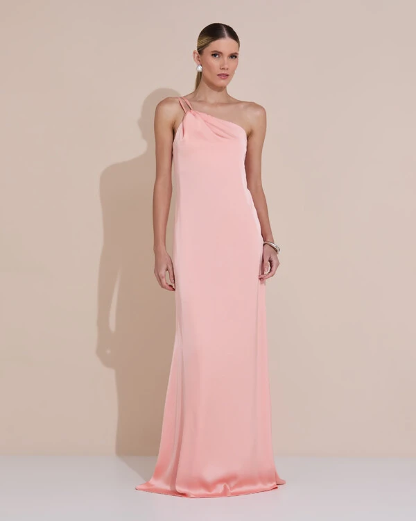 Vestido de Festa Longo em Cetim Fluido um Ombro Só com Lenço Rose