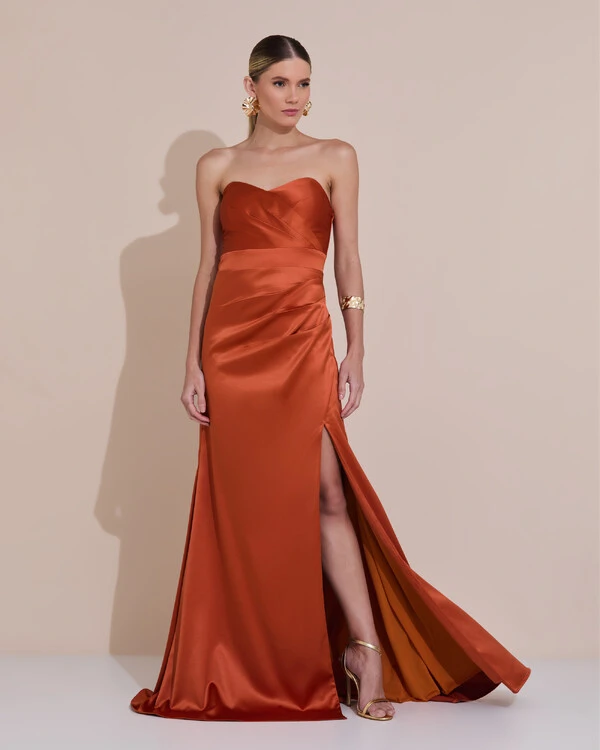 Vestido de Festa Longo Cetim Alfaiataria Tomara que Caia Fenda Terracota