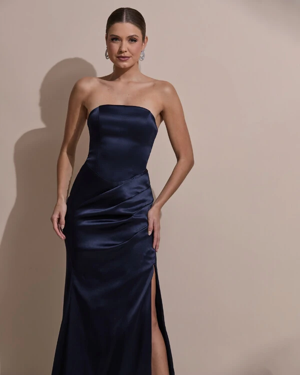 Vestido De Festa Longo Tomara Que Caia Drapeado Cetim Alfaiataria Trançado Costas Azul Marinho Escur