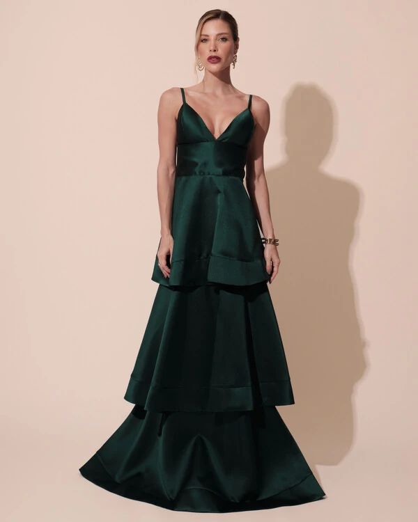 Vestido de Festa Longo Zibeline em Camadas Decote em V com Alças Verde Escuro