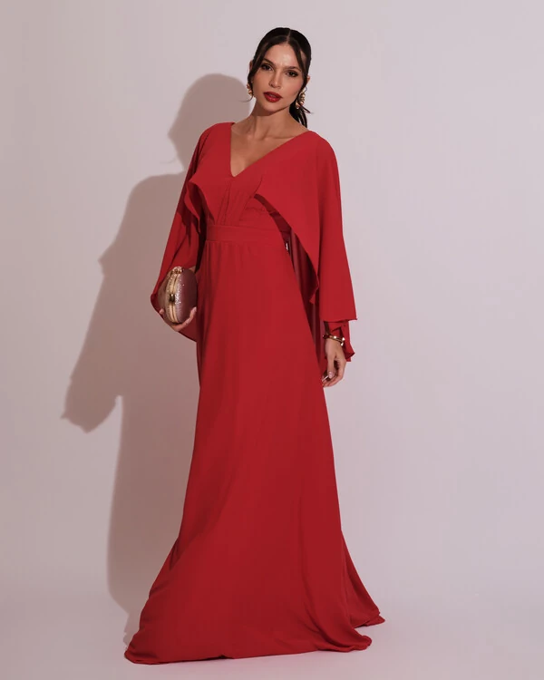 Vestido de Festa Longo com Capa Crepe Vermelho