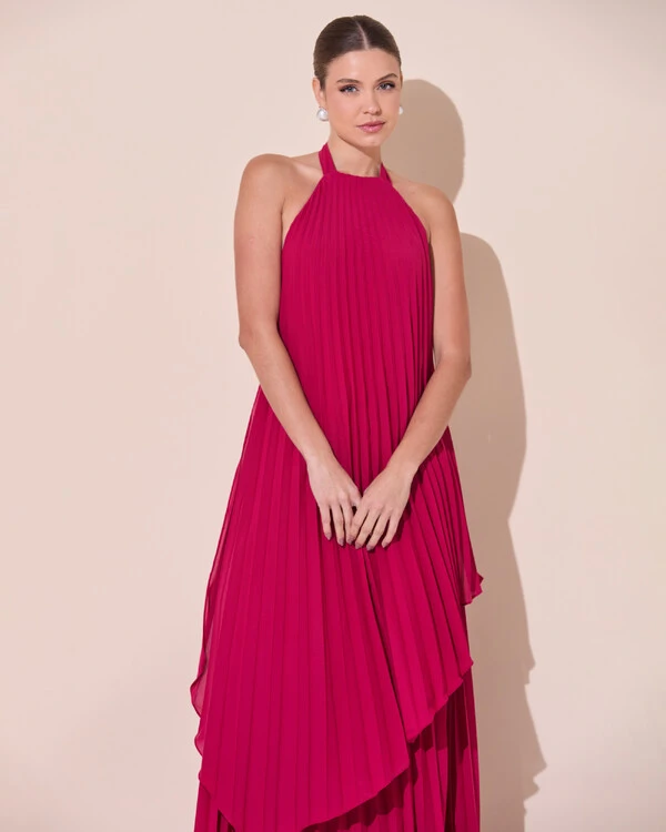 Vestidos de Festa Longo Chiffon Fluido Frente Única Plissado Duplo Cereja