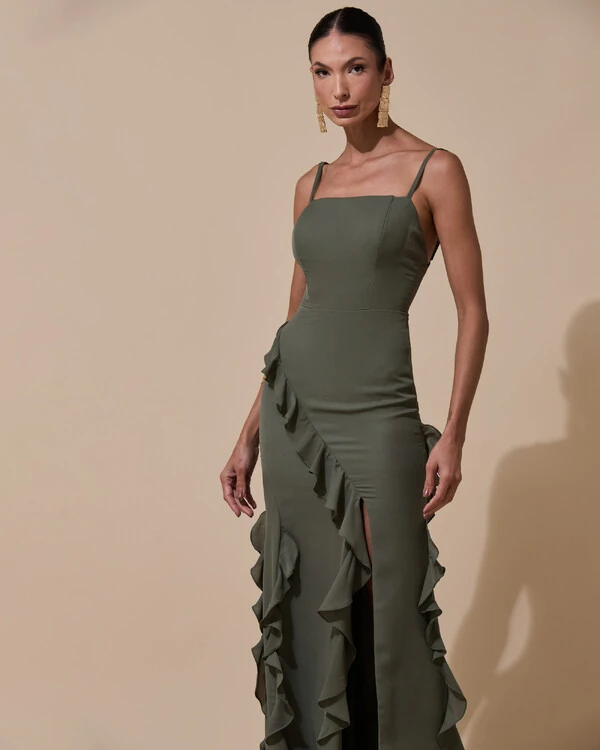 Vestido de Festa Longo Alças Finas Crepe Chiffon Babado Cascata Fenda Costas V Verde Oliva