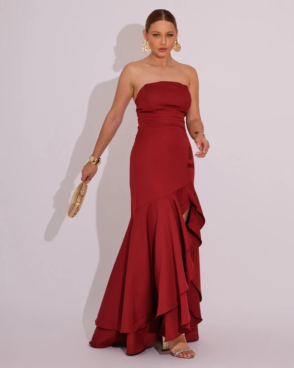 Vestido Longo com Fenda de Babados Alfaiataria Marsala Escuro