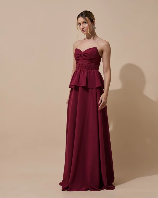 Vestido de Festa Longo Crepe Chiffon Tomara que Caia Peplum Drapeado Marsala New