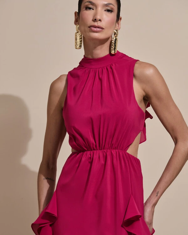 Vestido de Festa Longo Gola Alta Crepe Chiffon Recortes Babados Cascata Cereja