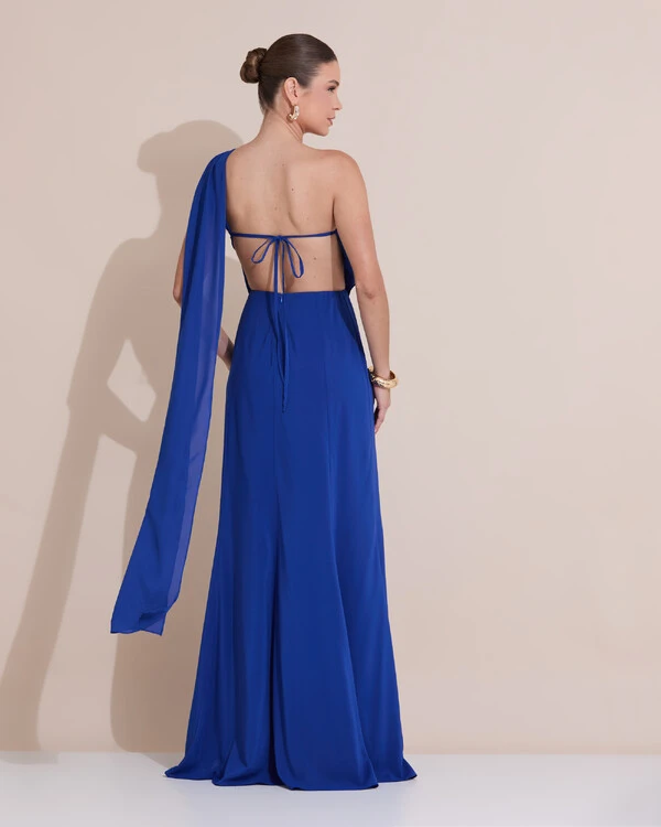 Vestido de Festa Longo Um Ombro Só Crepe Chiffon Lenço Azul Royal