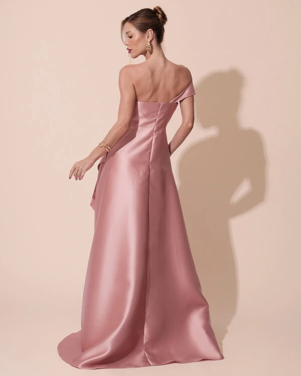 Vestido de Festa Longo Zibeline um Ombro Só Mullet Rose