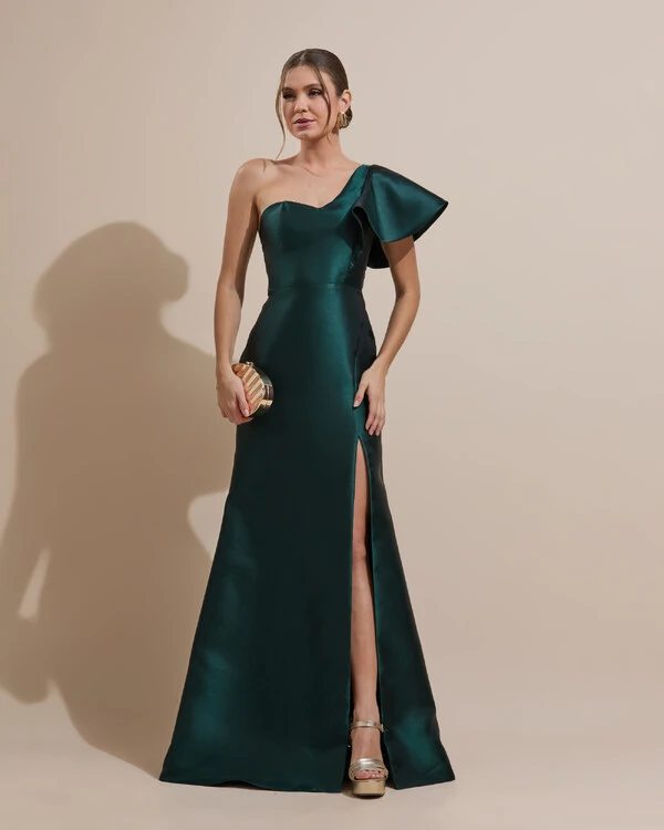 Vestido de Festa Longo um Ombro Tomara que Caia Zibeline Verde Escuro