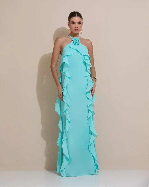 Vestido de Festa Longo Crepe Chiffon Frente Única Babados Cascata e Flor Tiffany