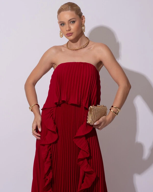 Vestido de Festa Longo Crepe Chiffon Tomara que Caia Plissado com Babado Cascata Marsala