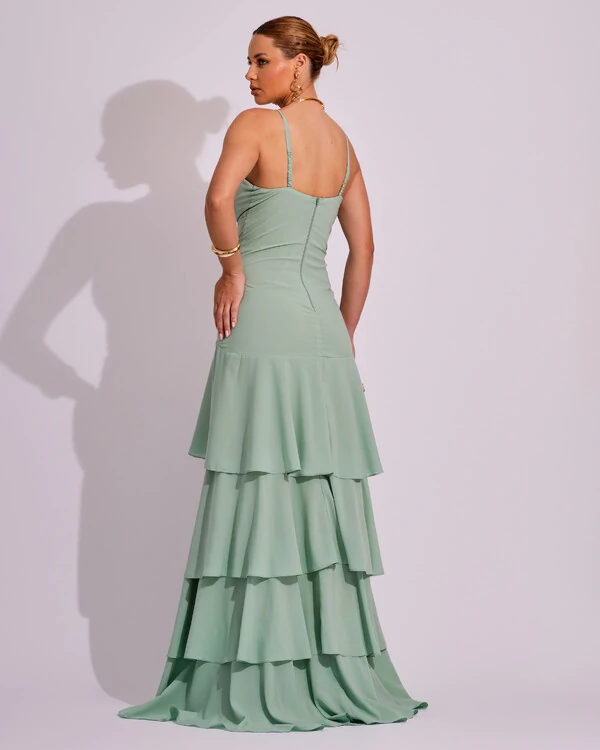 Vestido Longo Frente Única em Crepe com Babados e Camadas Verde Menta