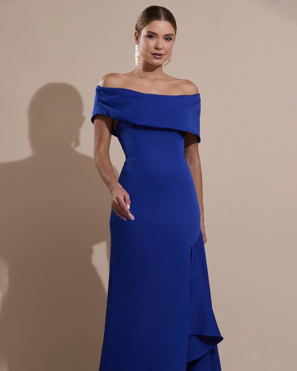 Vestido de Festa Longo Alfaiataria Ombro a Ombro com Babado Cascata Azul Royal