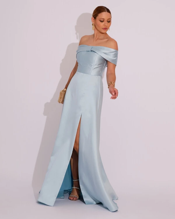 Vestido de Festa Longo Ombro a Ombro Laço Zibeline com Fenda Tiffany