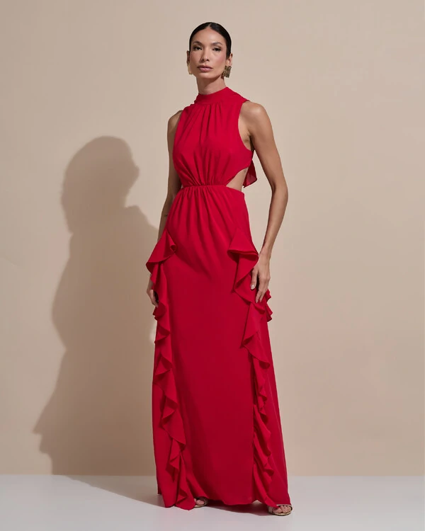 Vestido de Festa Longo Gola Alta Crepe Chiffon Recortes Babados Cascata Vermelho