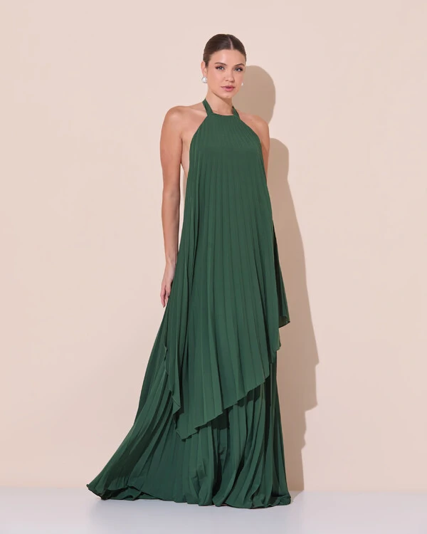 Vestidos de Festa Longo Chiffon Fluido Frente Única Plissado Duplo Verde Escuro New