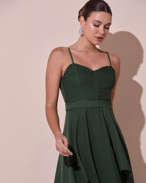 Vestido de Festa Longo Decote Coração Plissado Crepe Chiffon Babados Cascata Verde Escuro New