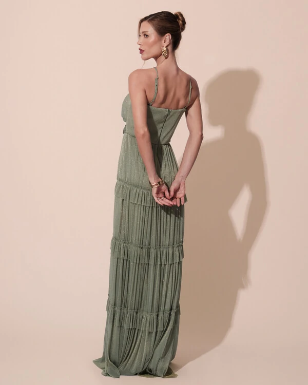 Vestido de Festa Longo Tule com Saia Babado Verde Oliva