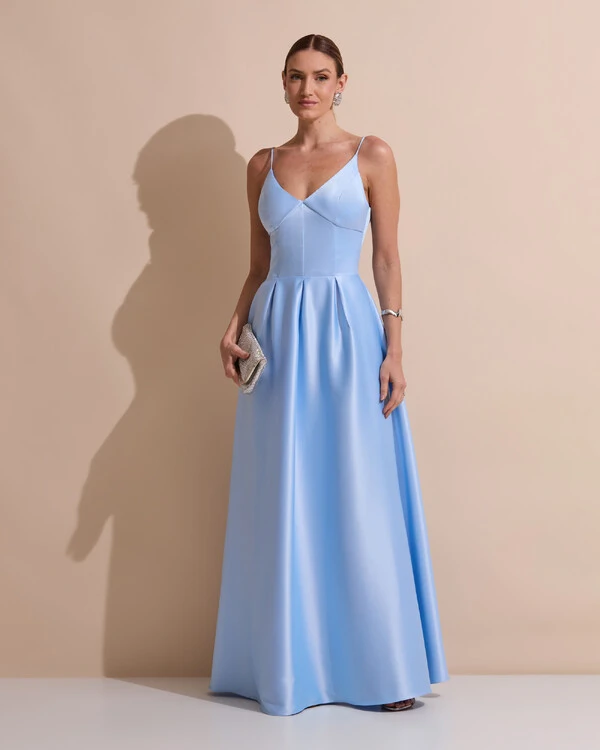 Vestido de Festa Longo Alça Fina Decote V Cetim Saia Evasê Serenity