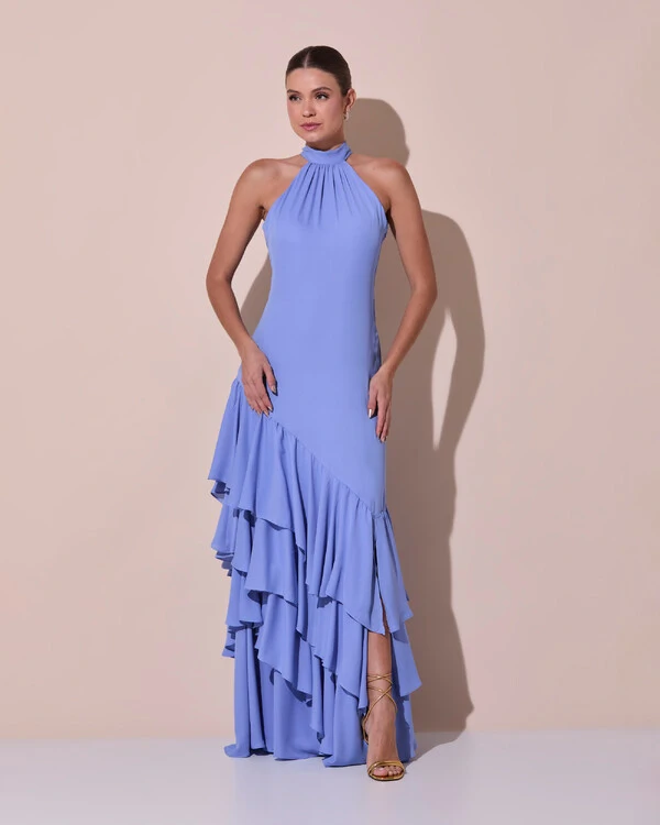 Vestido de Festa Longo Chiffon Crepe Gola Alta Babados Azul Atlantis