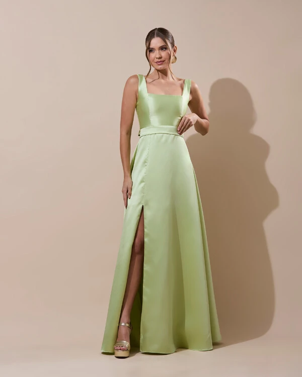 Vestido de Festa Longo Zibeline com Fenda e Faixa Verde Lima New