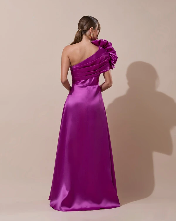 Vestido de Festa Longo Zibeline um Ombro Só Flor Drapeado Fúcsia