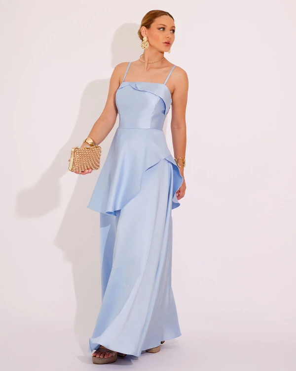 Vestido de Festa Zibeline Tomara que Caia com Recortes e Camadas Azul Serenity