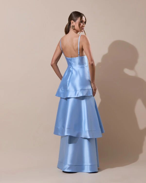 Vestido de Festa Longo Zibeline em Camadas Decote em V com Alças Serenity New