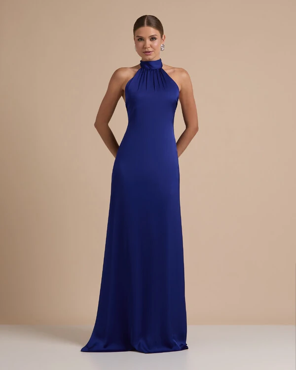 Vestido de Festa Gola Alta com Decote nas Costas Acetinado Azul Royal New