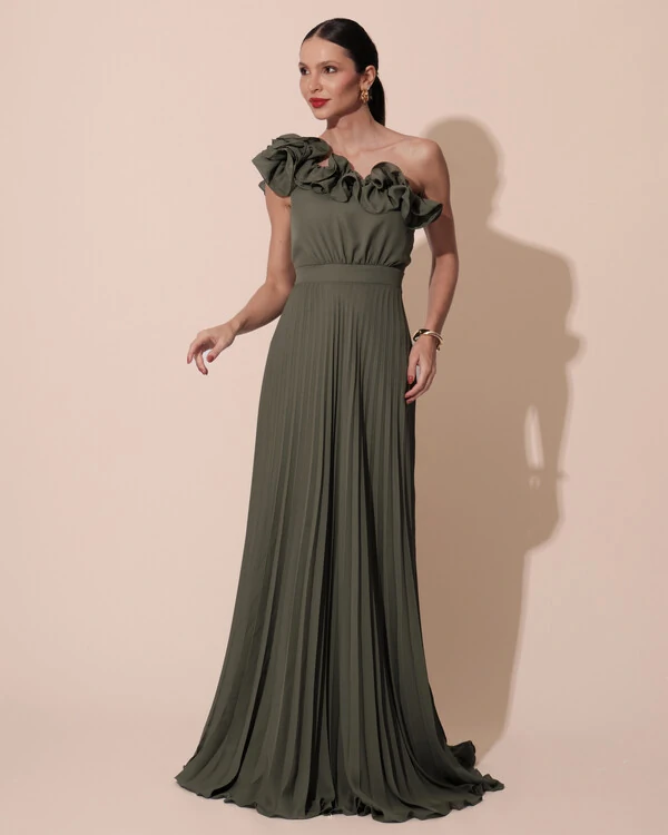 Vestido de Festa um Ombro Só Flor Saia Plissado Verde Oliva