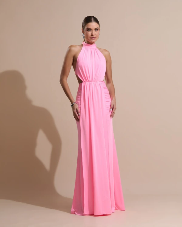 Vestido de Festa Longo Malha Jersey Gola Alta Saia Sereia Rosa New