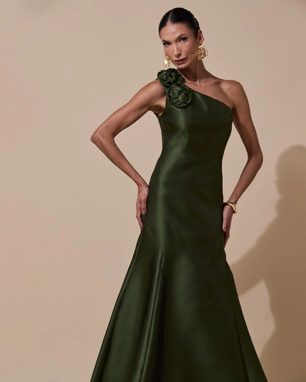 Vestido de Festa Longo Zibeline um Ombro Só Flor Removível Saia Sereia Verde Oliva New