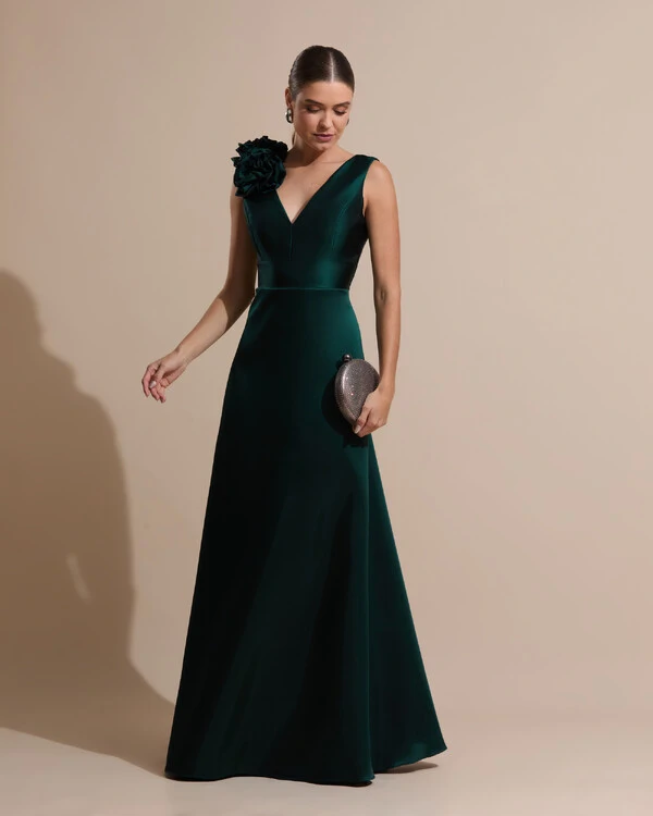 Vestido de Festa longo Zibeline Decote em V com Flores Removivel Verde Escuro