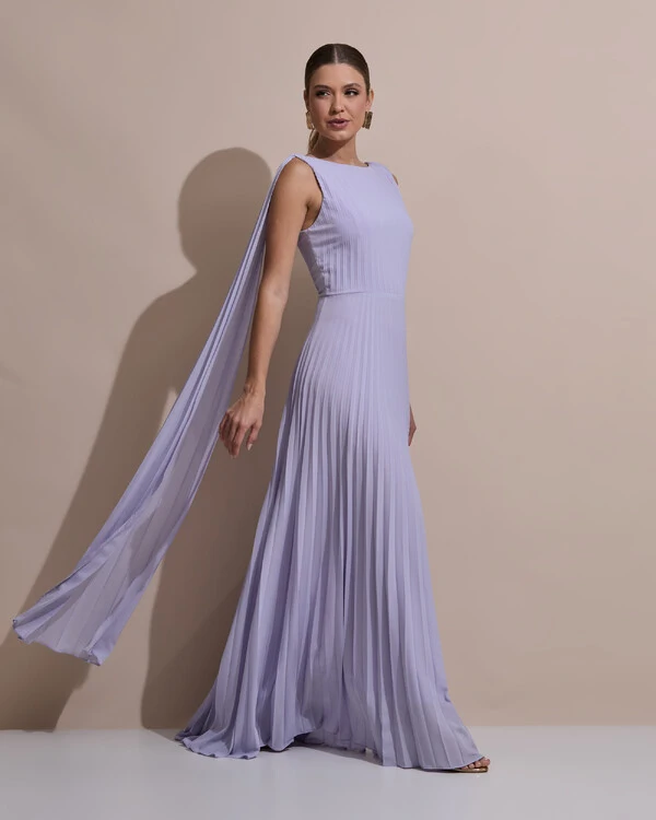 Vestido de Festa Longo Crepe Chiffon Plissado com Lenço nas Alças Lilás Claro
