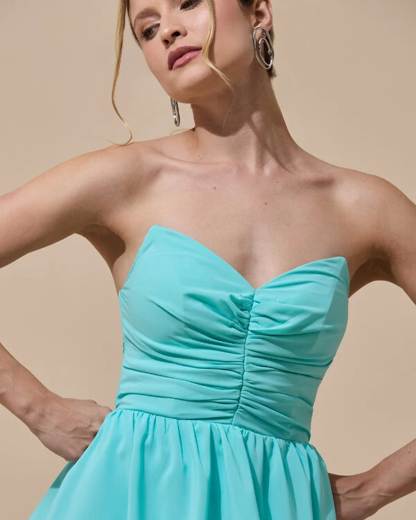 Vestido de Festa Longo Crepe Chiffon Tomara que Caia Peplum Drapeado Tiffany