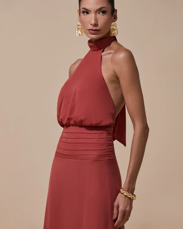 Vestido de Festa Longo Frente Única Busto Blousê Crepe Chiffon Drapeado Terracota