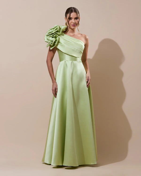 Vestido de Festa Longo Zibeline um Ombro Só Flor Drapeado Verde Lima New