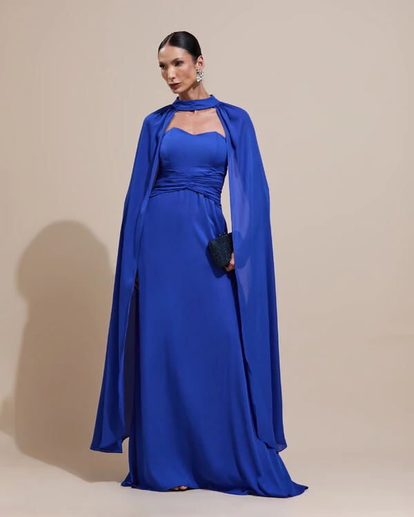Vestido de Festa Longo Tomara Que Caia Crepe Chiffon Drapeado Capa Azul Royal