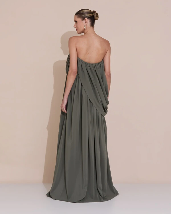 Vestido de Festa Longo Tomara Que Caia Crepe Chiffon Drapeado Verde Oliva