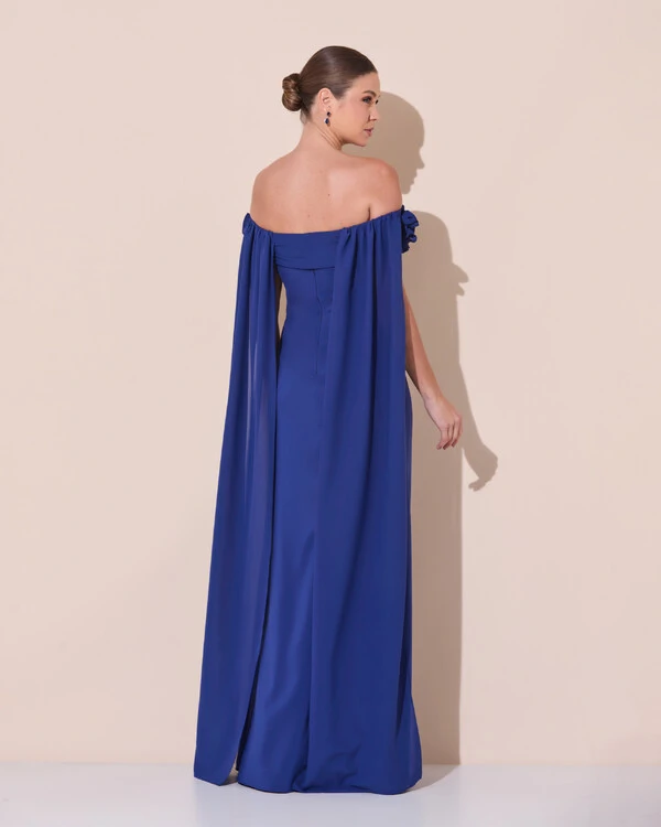 Vestido de Festa Longo Ombro a Ombro Plissado Crepe Chiffon Capa Flor 3D Azul Marinho
