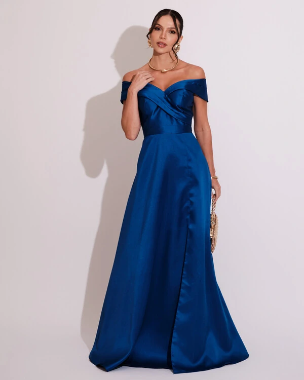 Vestido de Festa Longo Zibeline Ombro a Ombro com Fenda Azul Royal