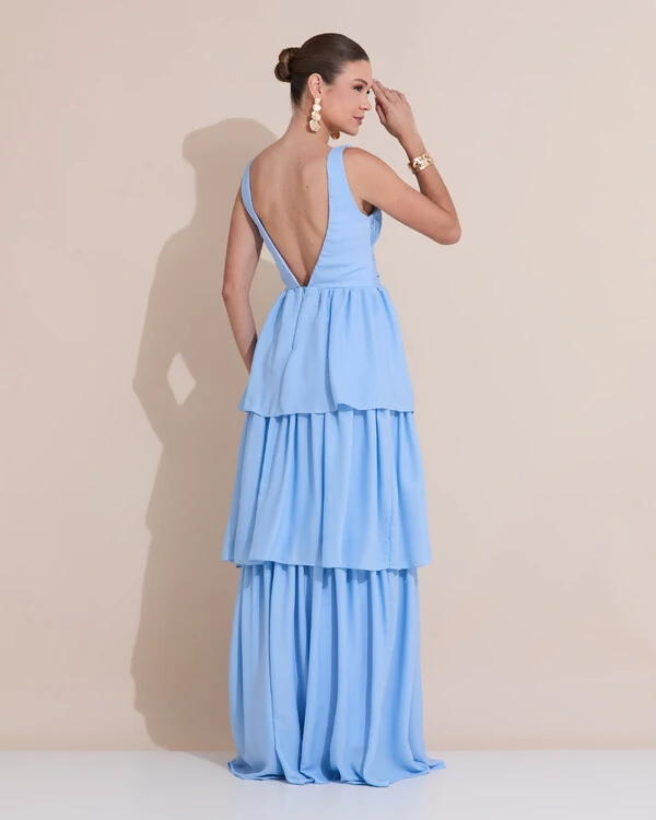 Vestido de Festa Longo Decote V Crepe Chiffon Plissado Camadas Babado Serenity