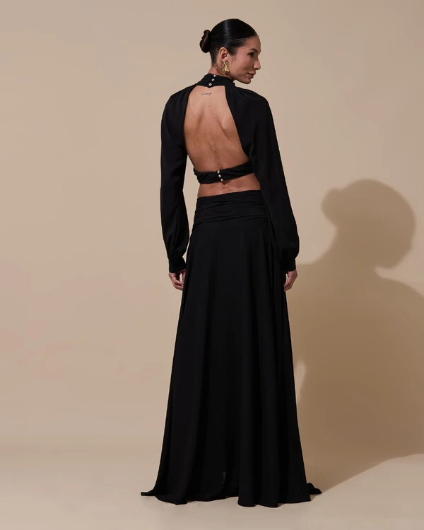 Vestido de Festa Longo Gola Alta Crepe Chiffon Recortes Drapeado Manga Longa Fenda Preto