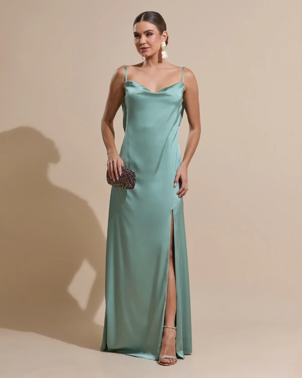 Vestido de Festa Longo Babado Costas Cetim Fluido e Fenda Verde Menta
