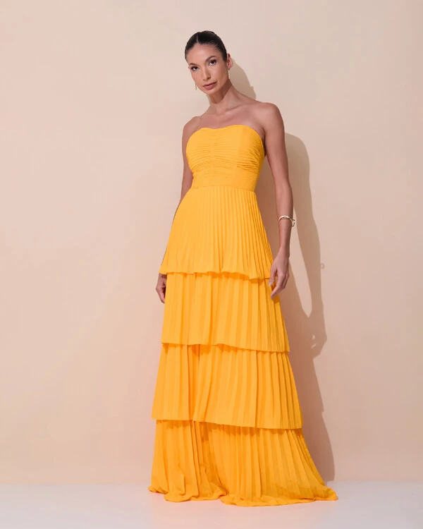 Vestido de Festa Longo Tomara que Caia Crepe Chiffon Plissado Camadas Laranja Manga New