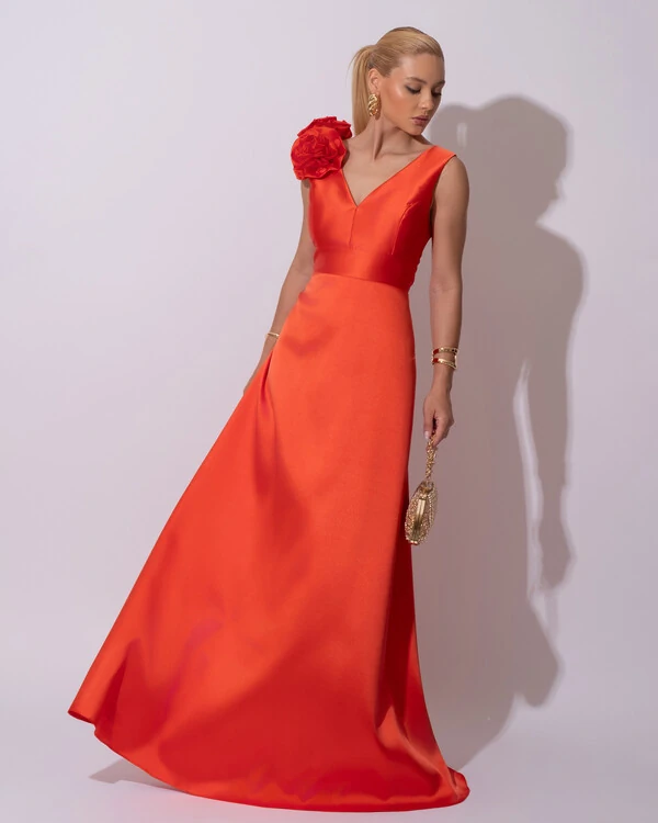Vestido de Festa longo Zibeline Decote em V com Flores Removível Laranja